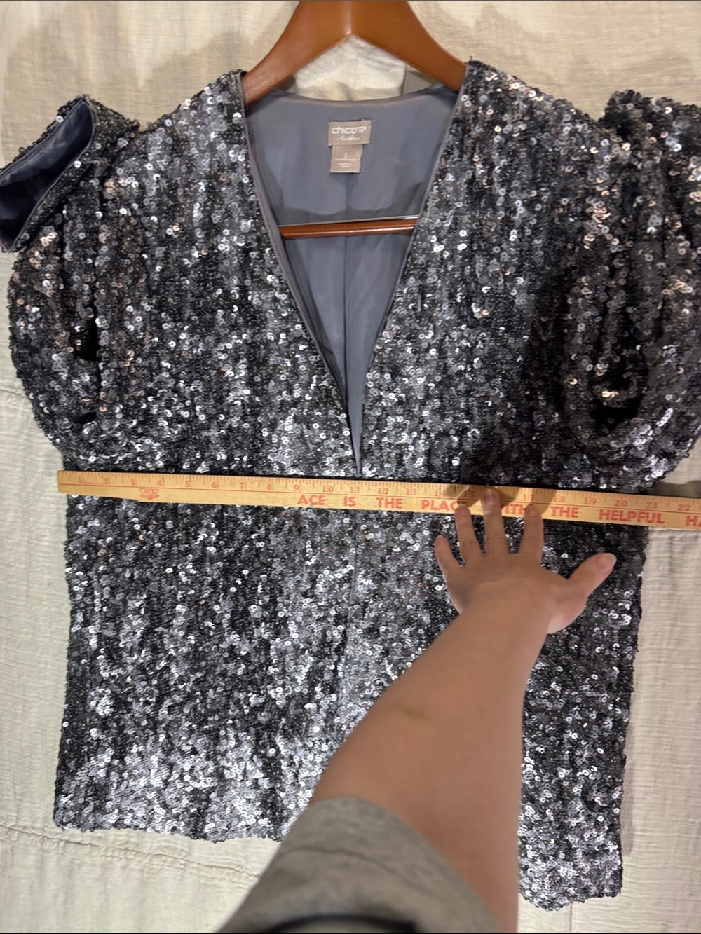 Chico's Travelers Silver Sequin Open Front Blazer Jacket Chico’s size 3 XL 16 - Picture 7 of 8